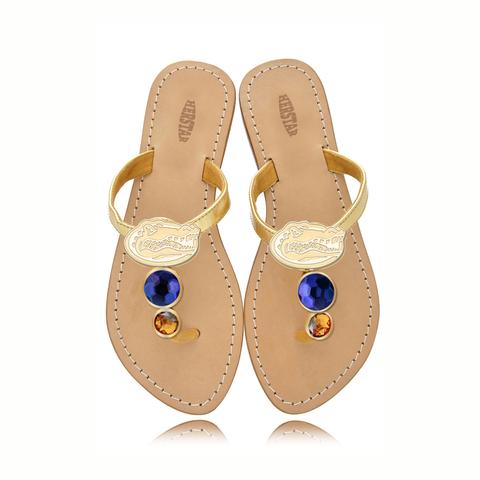 Florida Gators Ladies Jewel Embellished Flat Sandals-With Large Royal Blue Jewel and Small Orange Jewel
