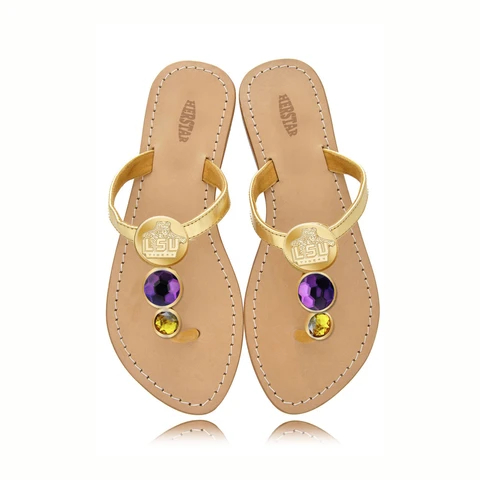 LSU Tigers Ladies Jewel Embellished Flat Sandals-With Large Purple Jewel and Small yellow Jewel